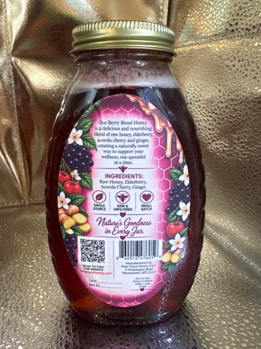 PUREPEACE Berry Boost Honey – Elderberry & Cherry Infused – 1 lb.