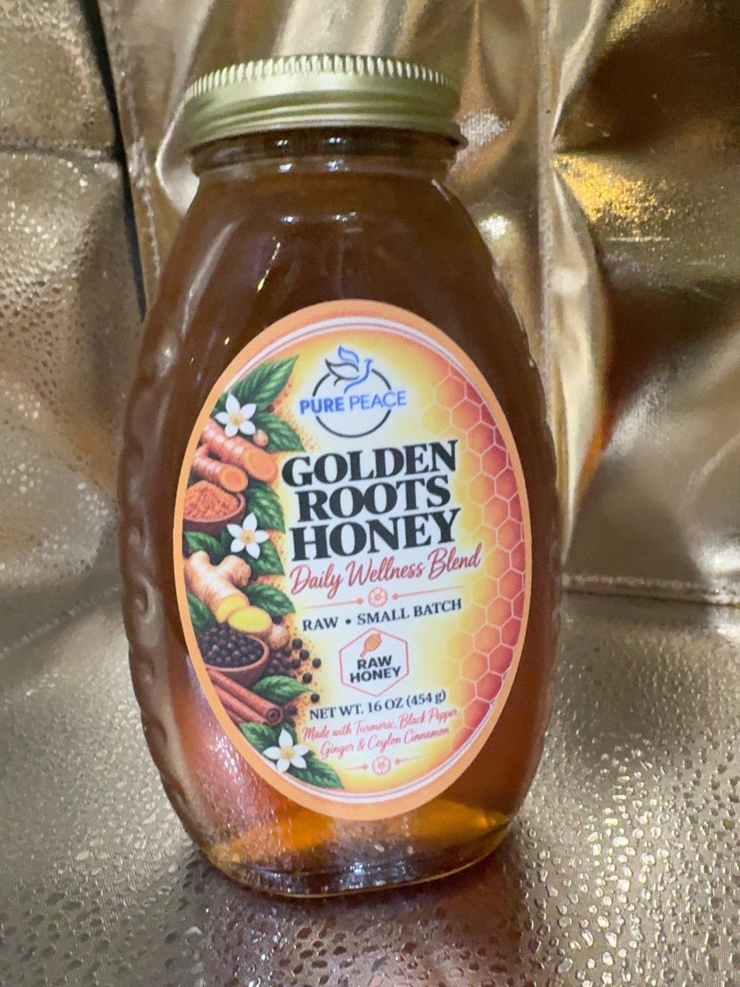Pure Peace Golden Roots Honey 16 oz jar, raw honey with turmeric, black pepper, ginger and Ceylon cinnamon