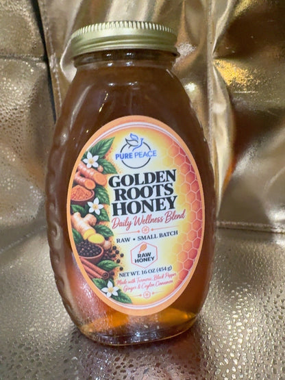 Pure Peace Golden Roots Honey 16 oz jar, raw honey with turmeric, black pepper, ginger and Ceylon cinnamon